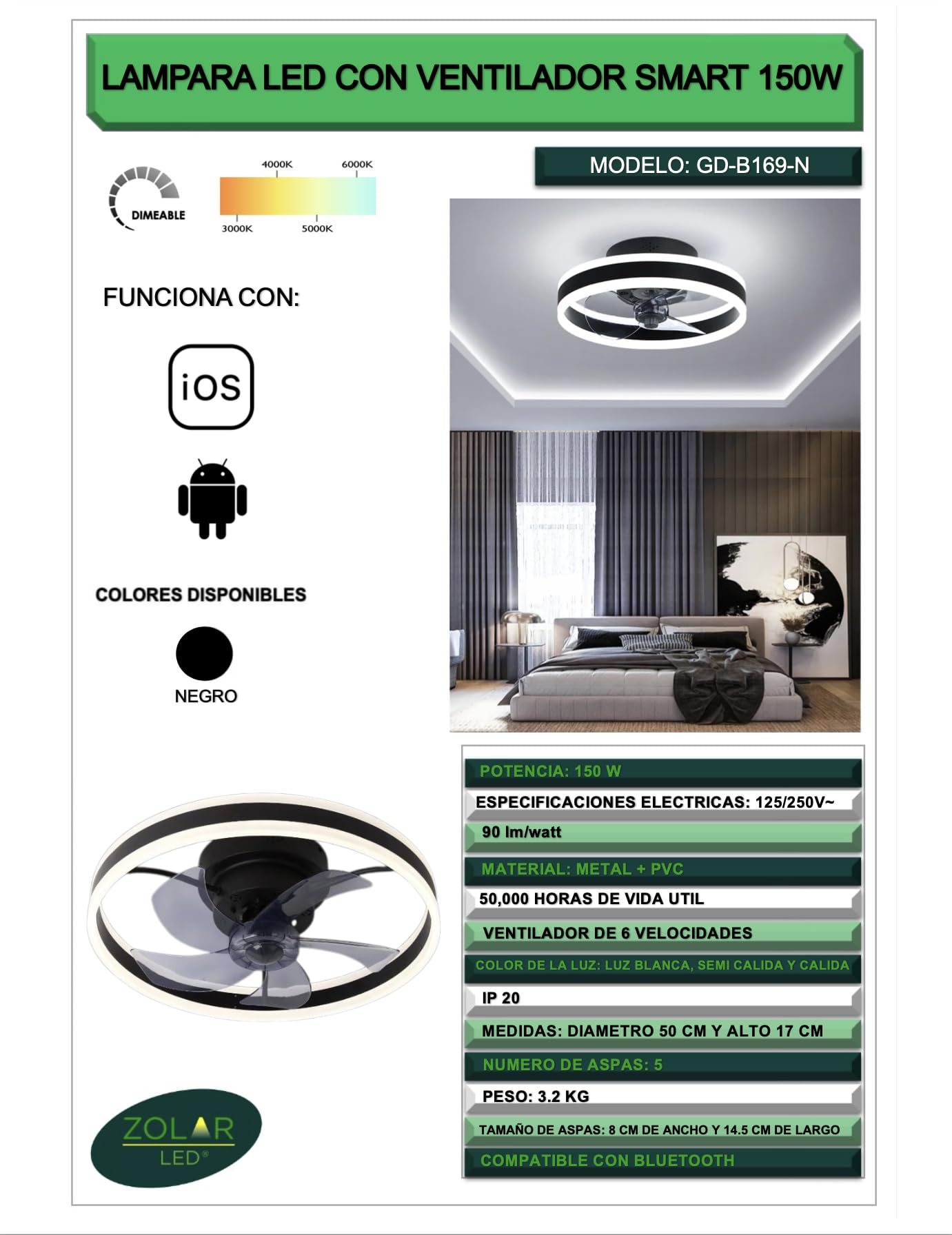LAMPARA DE LED CON VENTILADOR NEGRO 150W