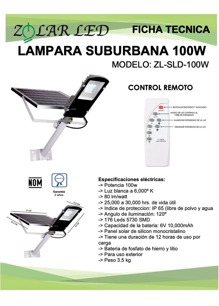 Lampara suburbana solar 100w (Incluye tubo)