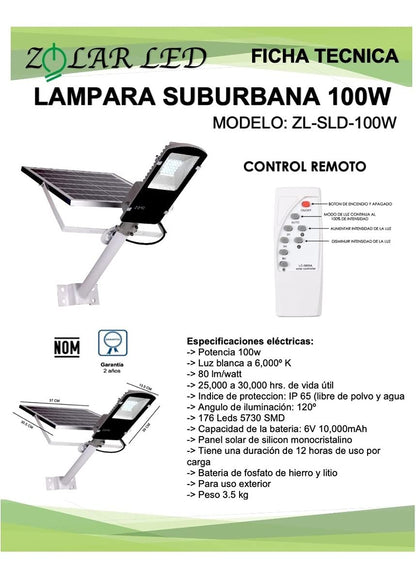 Lampara suburbana solar 100w (Incluye tubo)