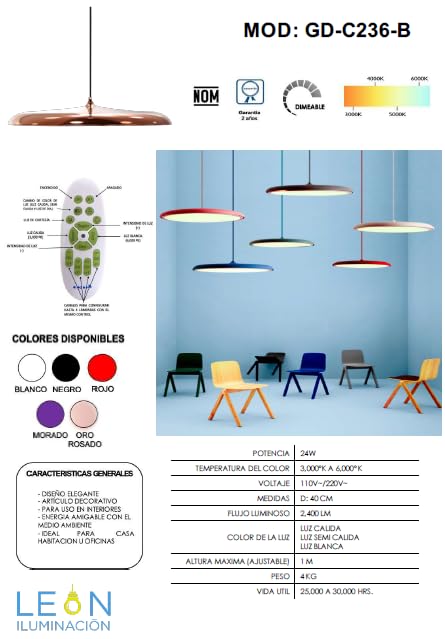 Candil De Led FLATUN Colgante Modernista (dimeable 3000°k-6000°k) blanco