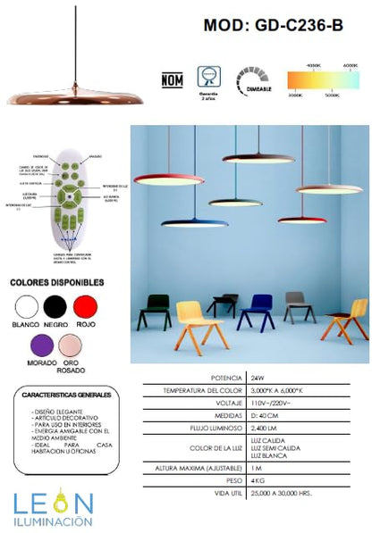 Candil De Led FLATUN Colgante Modernista (dimeable 3000°k-6000°k) blanco