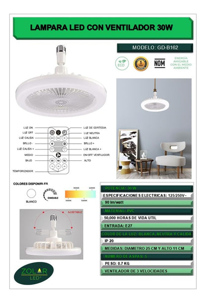 VENTILADOR CON LAMPARA LED 36W BLANCO "ZOLAR LED"