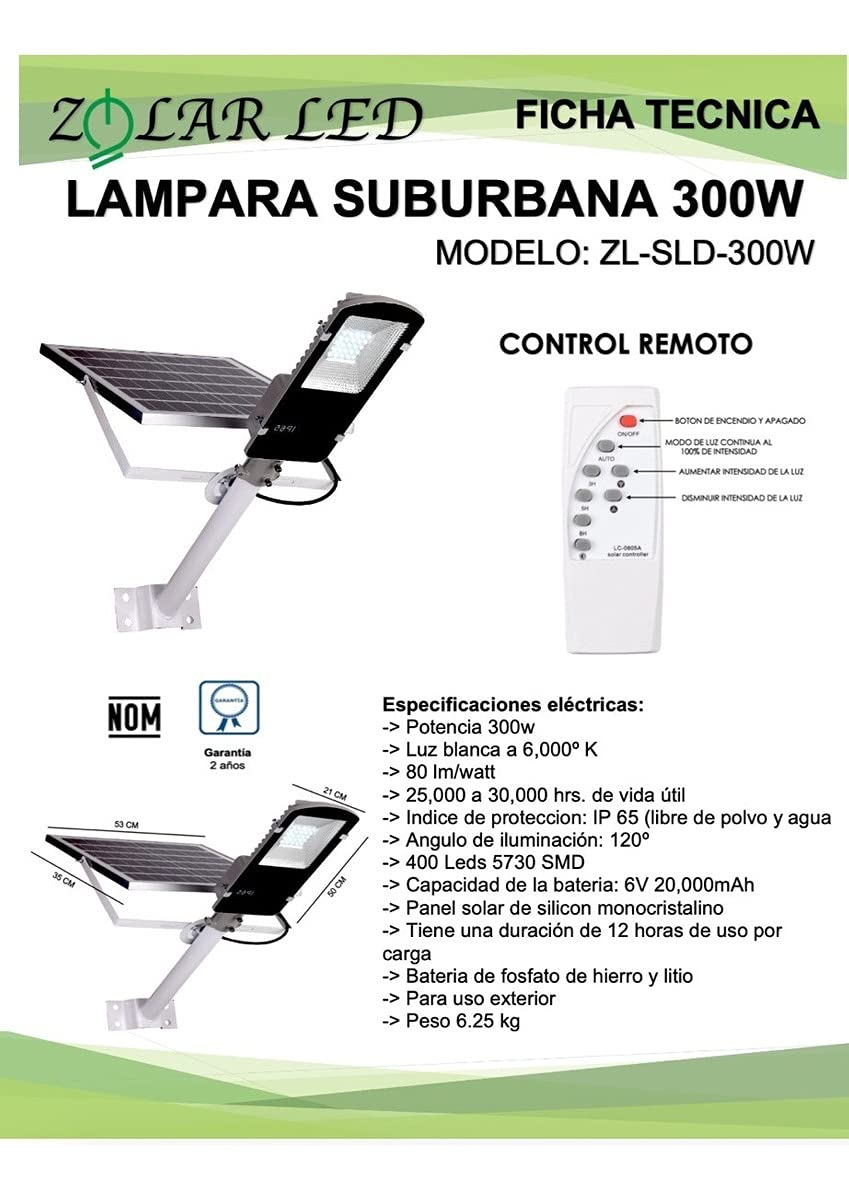 Lampara Suburbana Solar 300w (incluye Tubo) Zolar Led Gris 50 cm x 21 cm x 8 cm Exterior LED Rústico Floodlight Montaje en poste