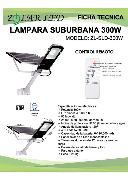 Lampara Suburbana Solar 300w (incluye Tubo) Zolar Led Gris 50 cm x 21 cm x 8 cm Exterior LED Rústico Floodlight Montaje en poste