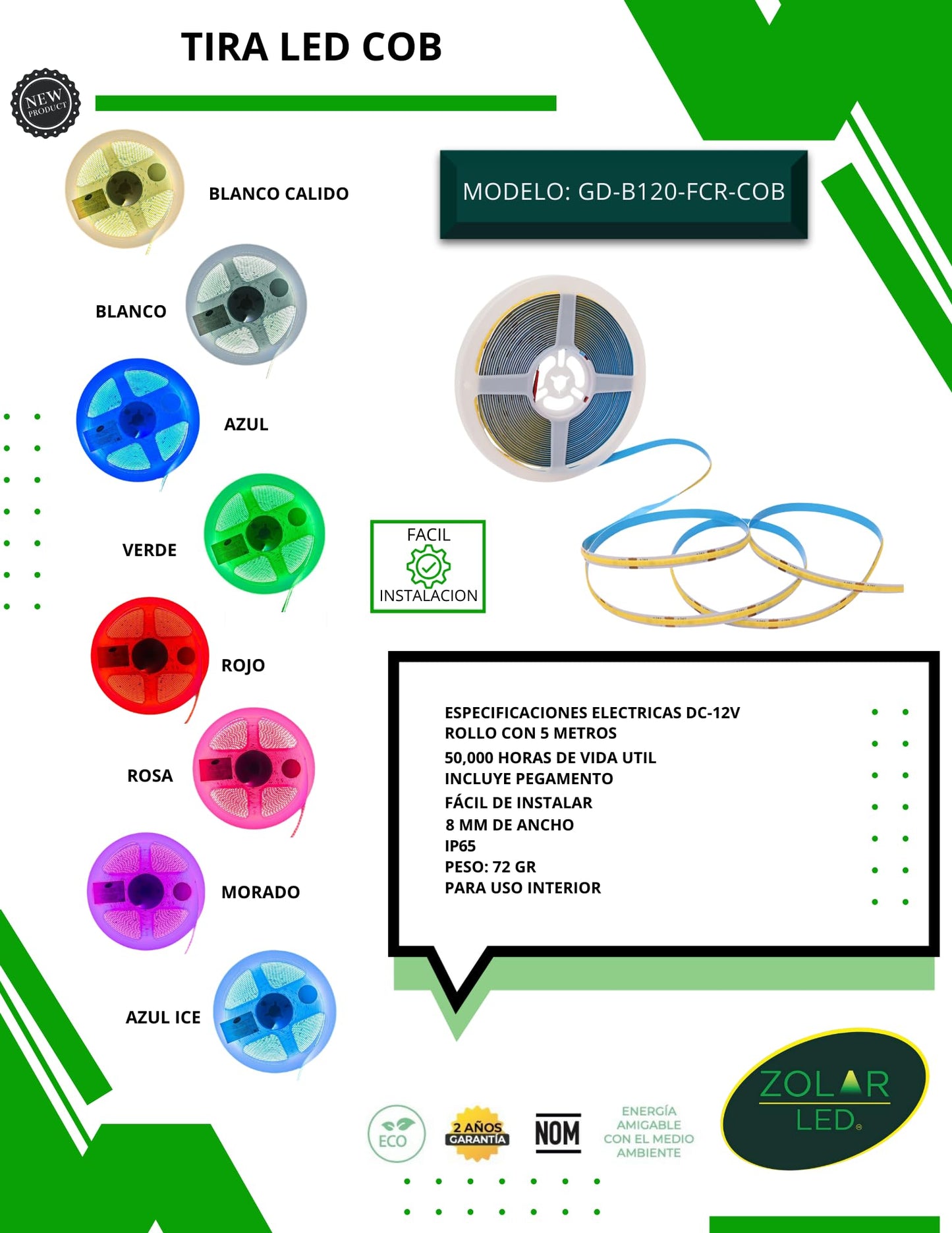Tira Led Cob 5 Mts 12v Azul Ice
