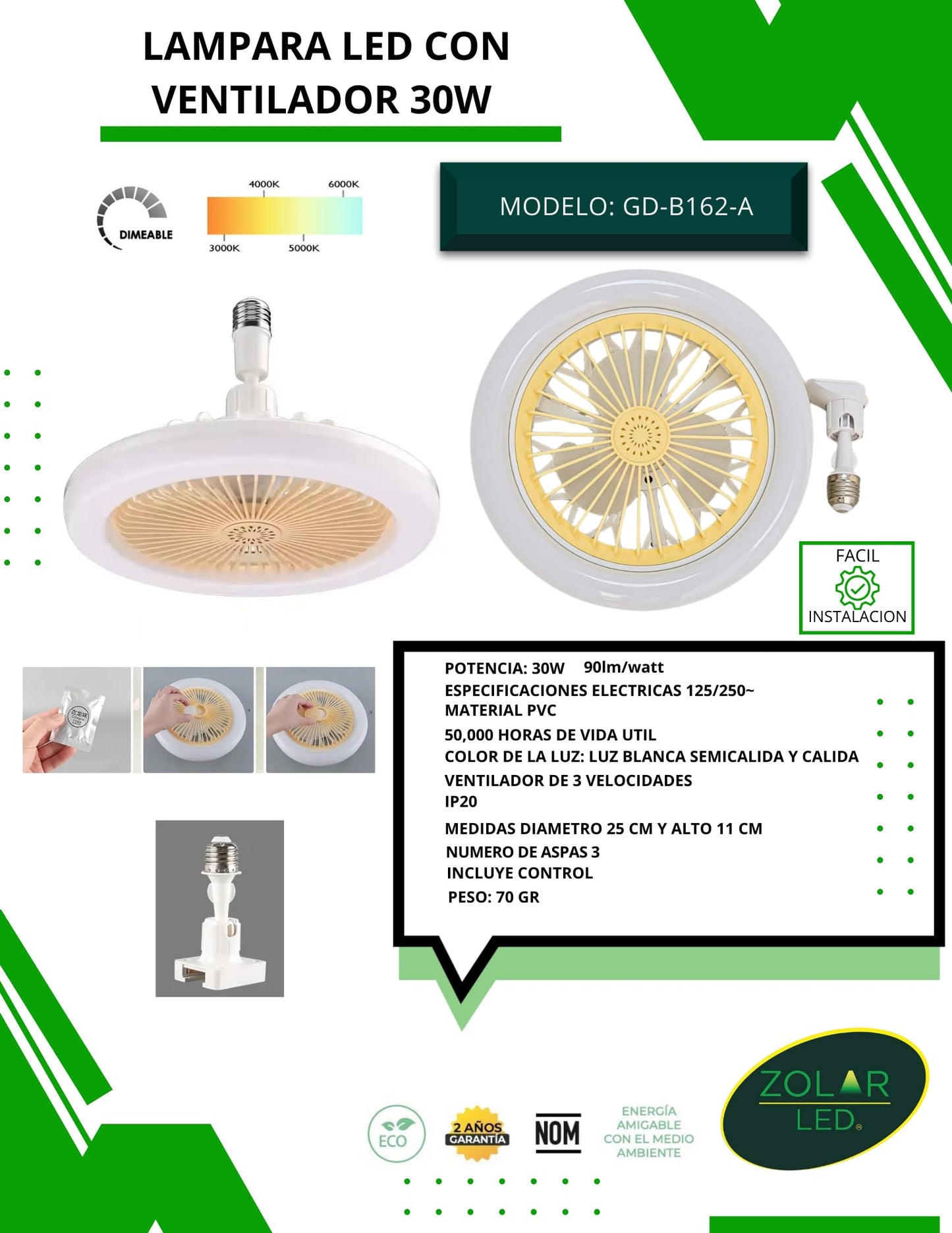 Foco Led Con Ventilador 30w (3 Tonos De Luz)
