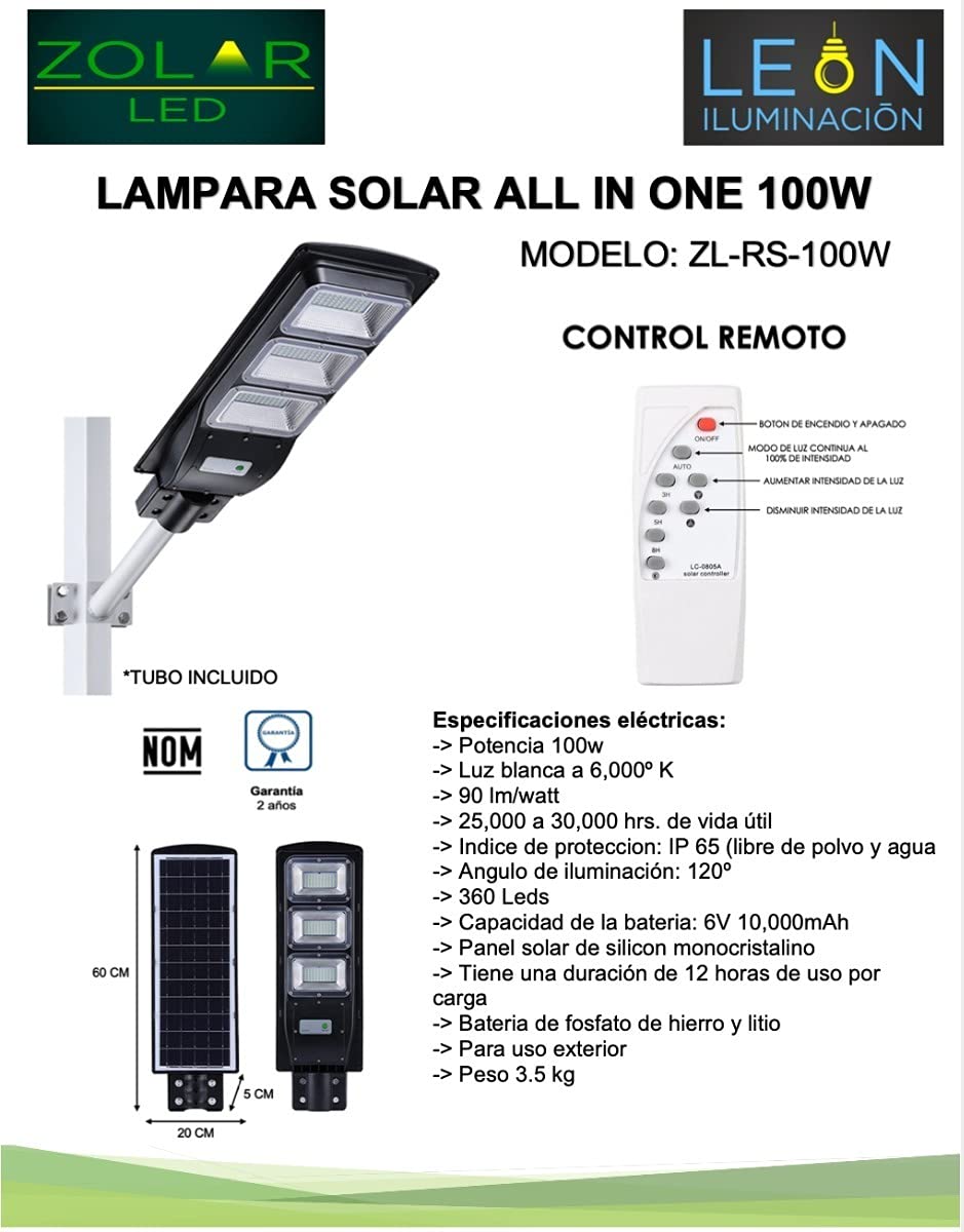 Lampara suburbana solar 100w (Incluye tubo)